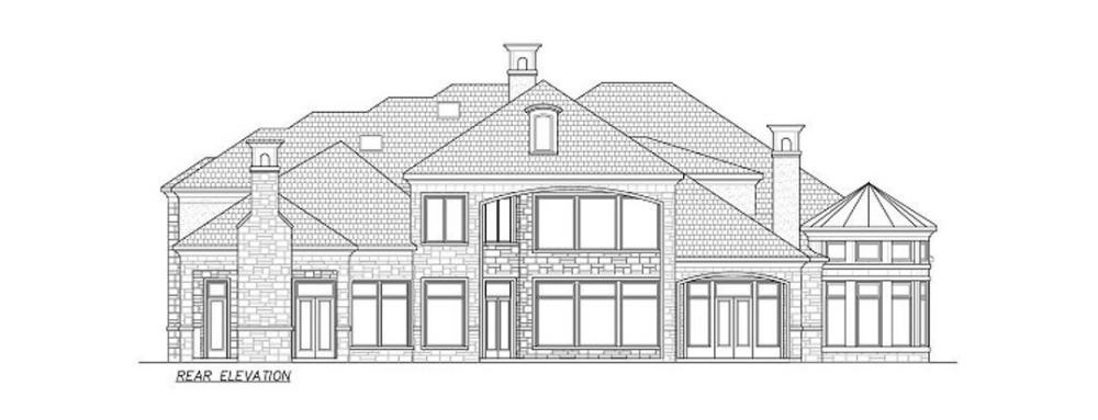 Rear elevation sketch of the two-story 5-bedroom luxury European home.