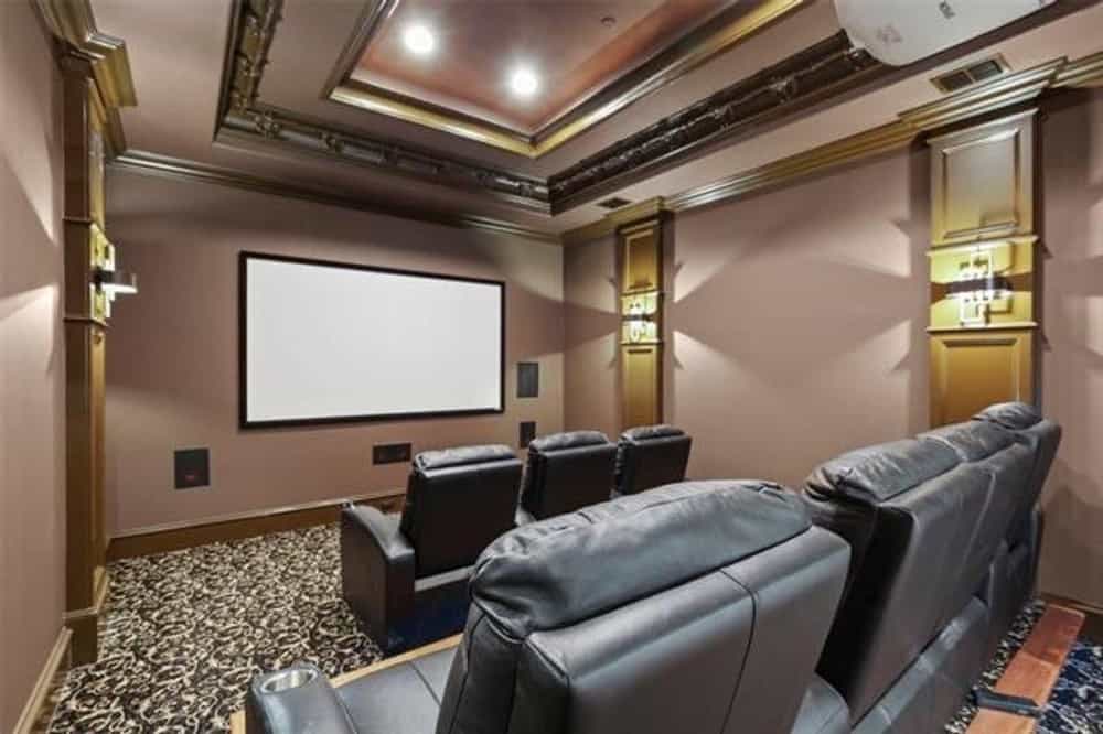 Media room with leather recliners, patterned carpet flooring, and an elaborate tray ceiling.