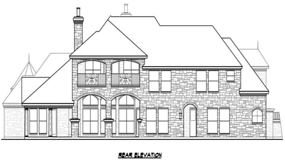 Rear elevation sketch of the two-story chateau-style 5-bedroom home.
