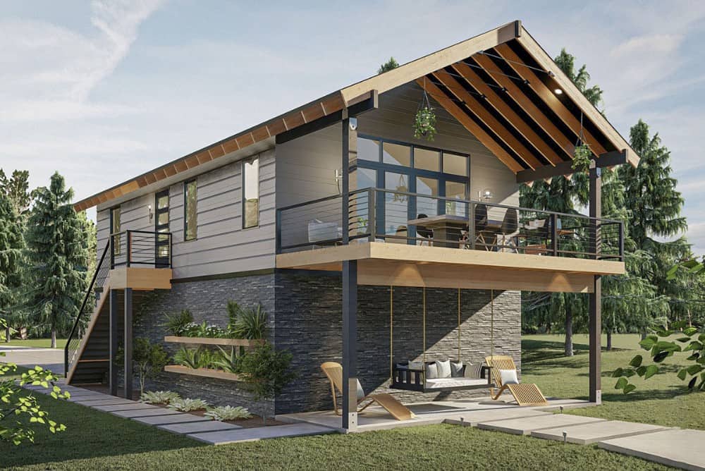 Rear-right rendering of the 2-bedroom two-story modern rustic carriage home.