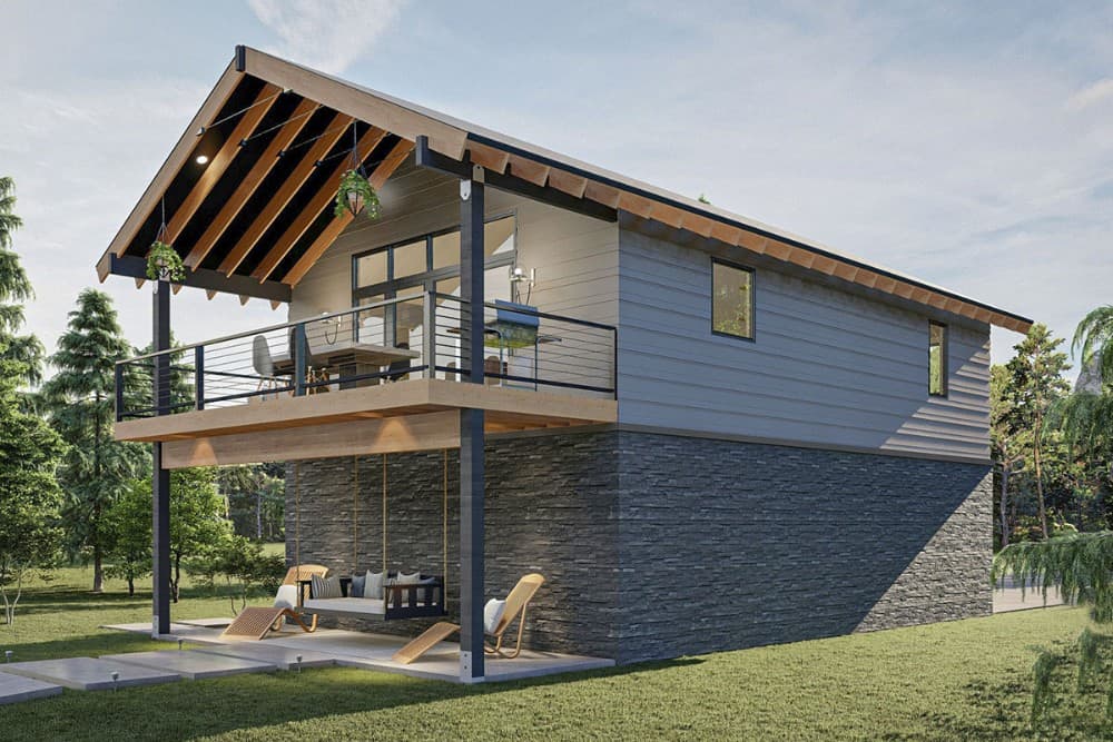 Rear-left rendering of the 2-bedroom two-story modern rustic carriage home.