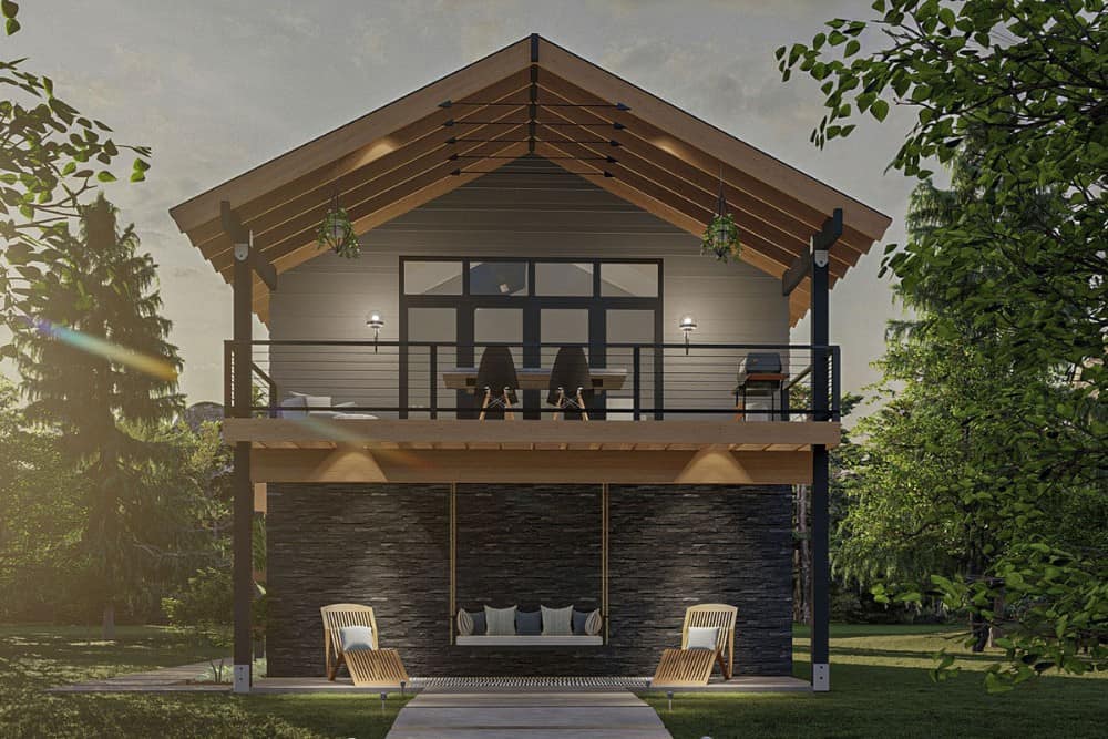 Rear rendering of the 2-bedroom two-story modern rustic carriage home.