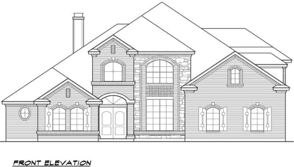 Front elevation sketch of the 4-bedroom traditional two-story home.