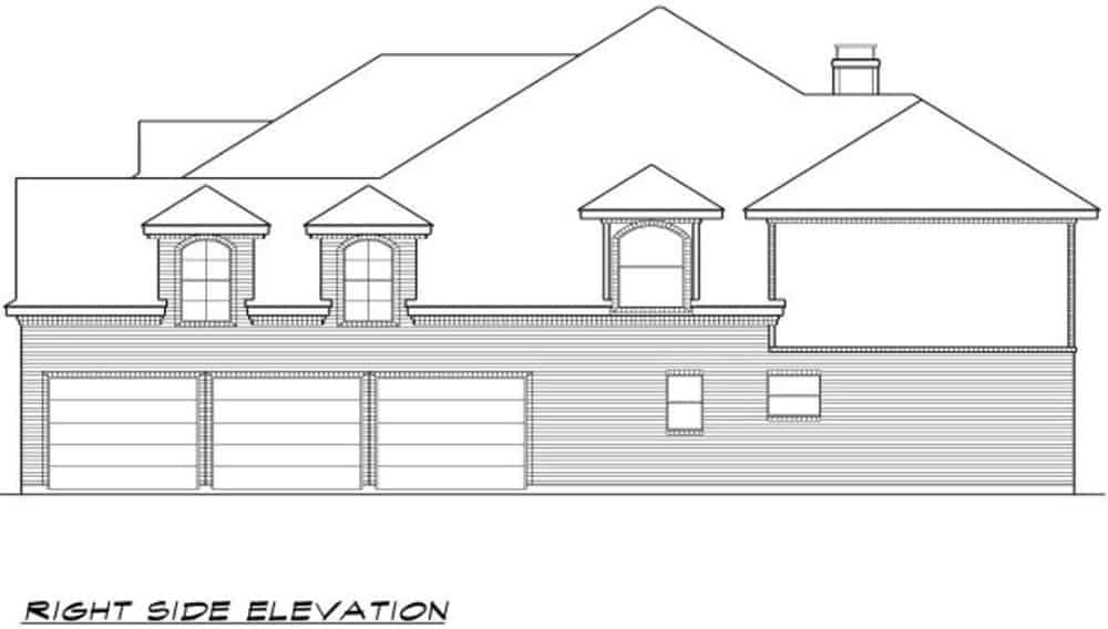 Right elevation sketch of the 4-bedroom traditional two-story home.
