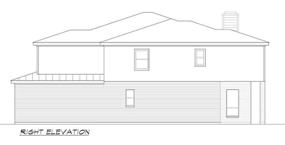 Right elevation sketch of the 4-bedroom two-story Mediterranean home.