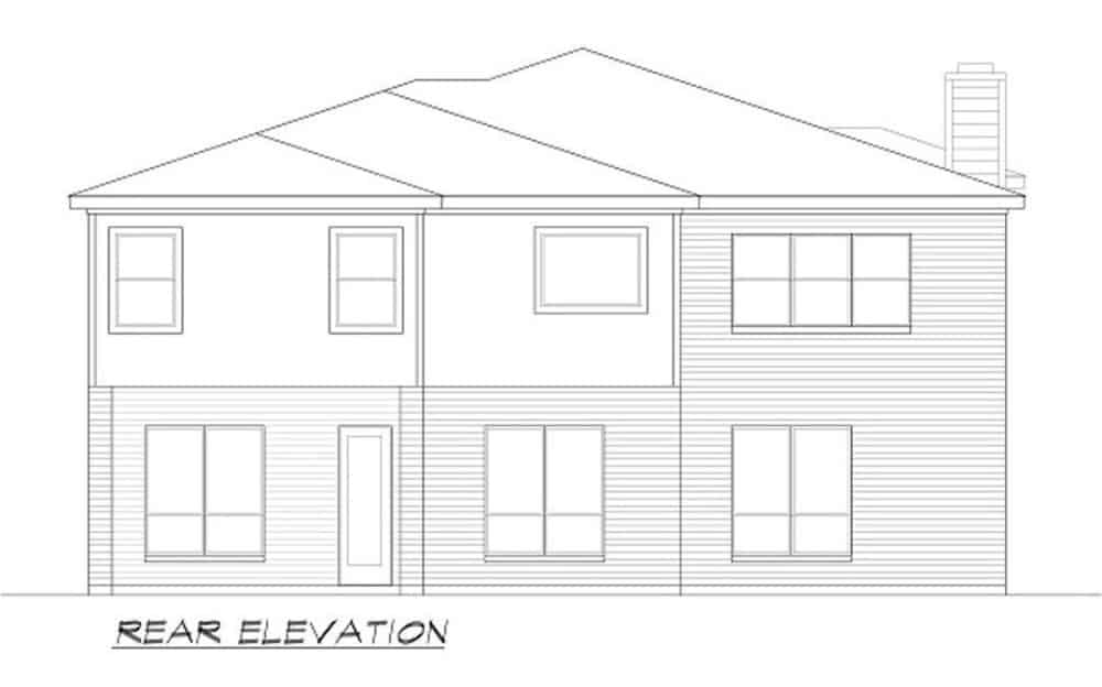 Rear elevation sketch of the 4-bedroom two-story Mediterranean home.