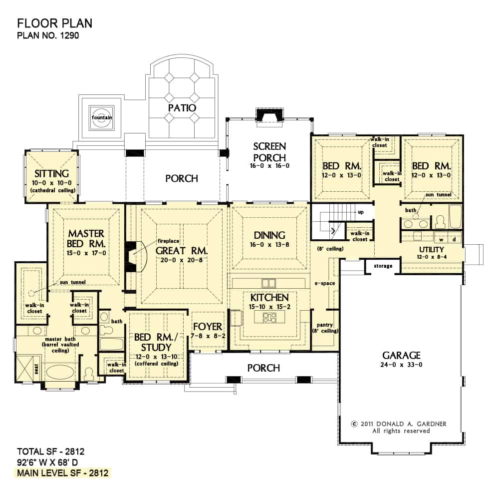 Main level floor plan of a 4-bedroom craftsman-style single-story The Chesnee ranch with front and rear porches, foyer, great room, kitchen, dining room, utility, and four bedrooms including the primary suite and versatile study.
