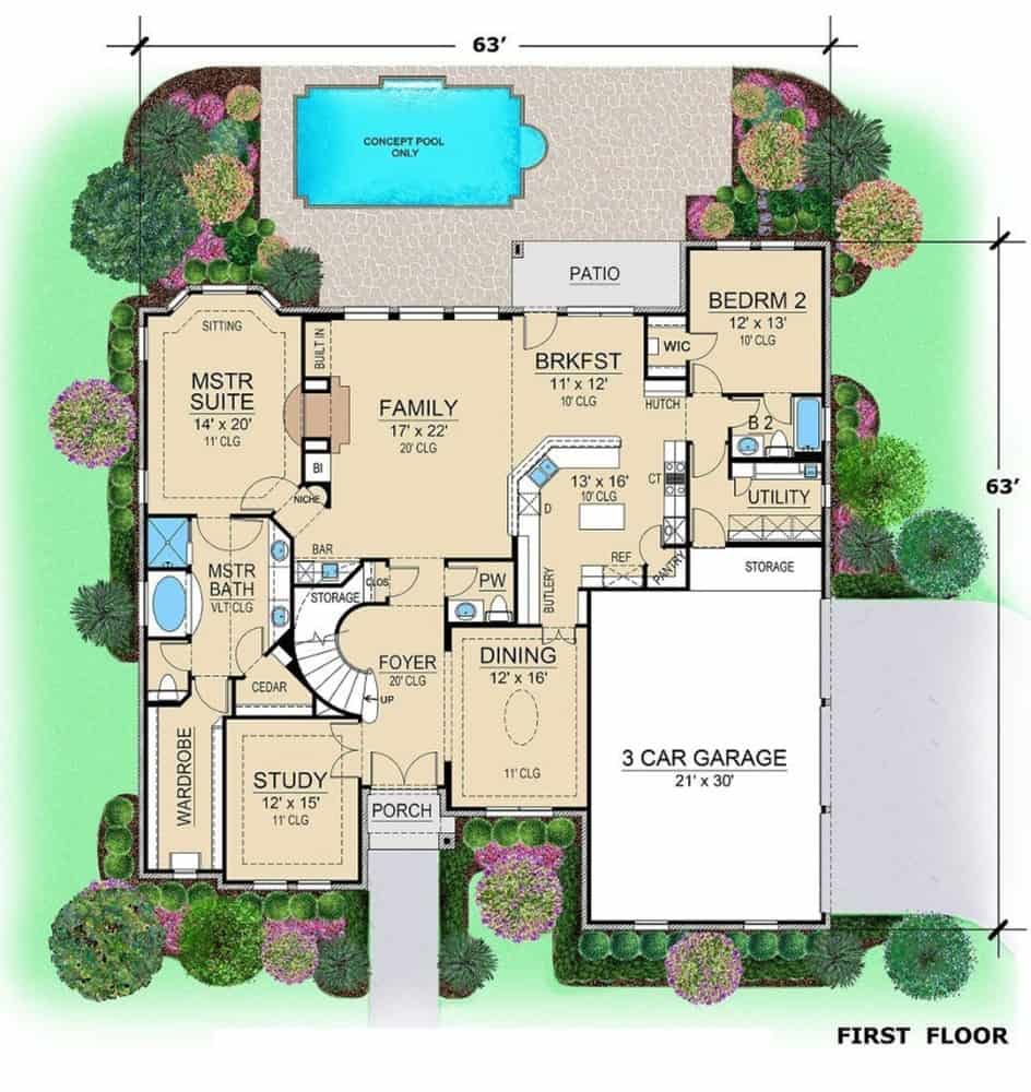 Main level floor plan of a 4-bedroom traditional two-story home with foyer, family room, formal dining room, kitchen, breakfast area, study, utility leading to the garage, and two bedrooms including the primary suite.
