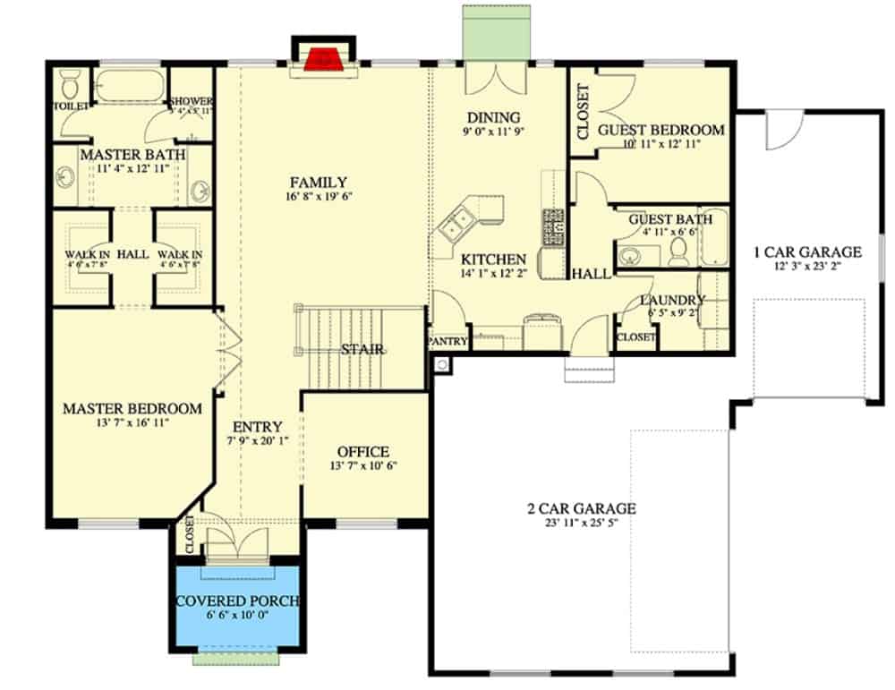 Main level floor plan of a 5-bedroom single-story European home with foyer, office, family room, kitchen, dining area, laundry room, and two bedrooms including the guest and primary suite.