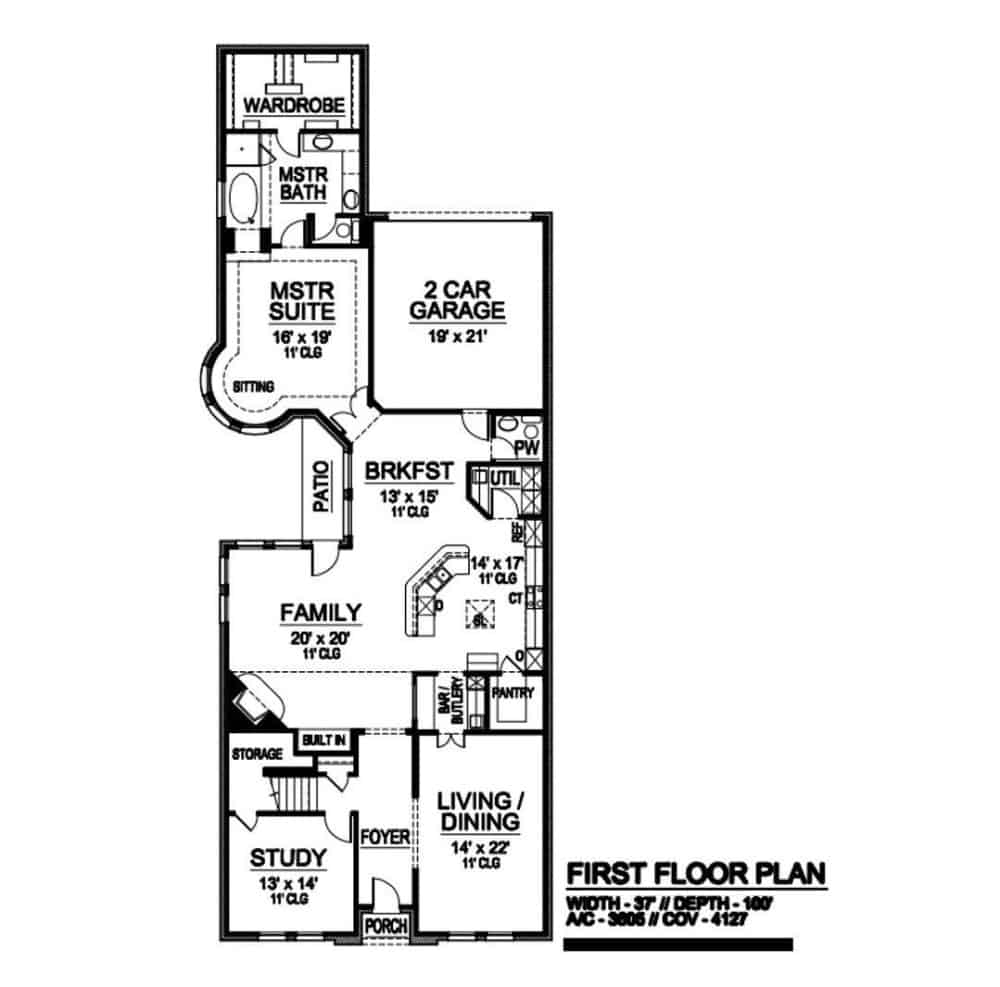 Main level floor plan of a contemporary two-story 3-bedroom home with foyer, living/dining, study, family room, kitchen, breakfast nook, primary suite, and a rear double garage.