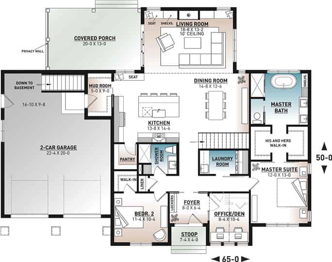 Main level floor plan of a single-story 2-bedroom contemporary ranch with foyer, office/den, dining room, kitchen, living room, and mudroom leading to the garage.