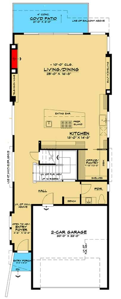 Main level floor plan of a two-story contemporary 3-bedroom home with foyer, kitchen, office/pantry, and living/dining that extends onto the rear patio.