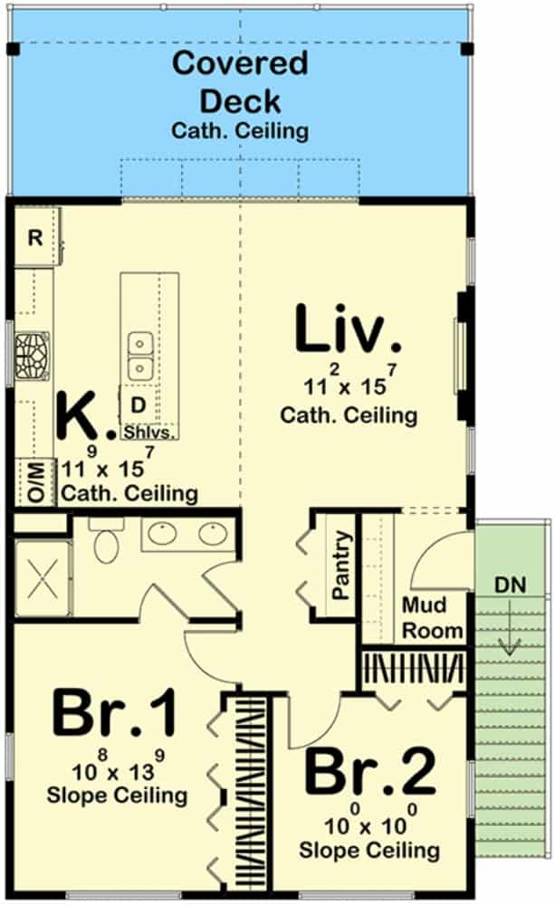 Second level floor plan with mudroom, two bedrooms, a full bath, kitchen, and living area that extends onto a covered deck.