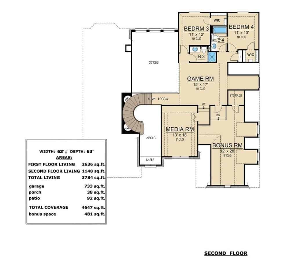Second level floor plan with two bedrooms, two baths, a game room, media room, and bonus room above the garage.