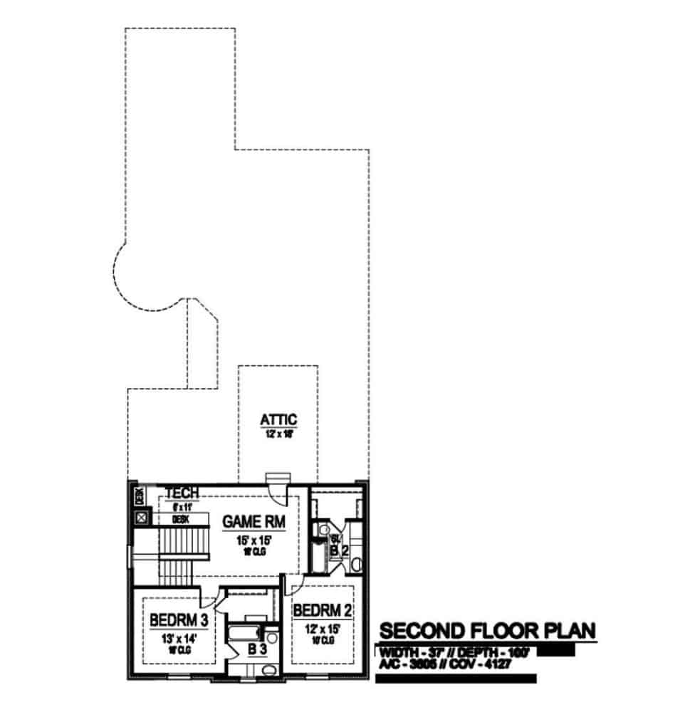 Second level floor plan with two bedroom suites and a spacious game room.