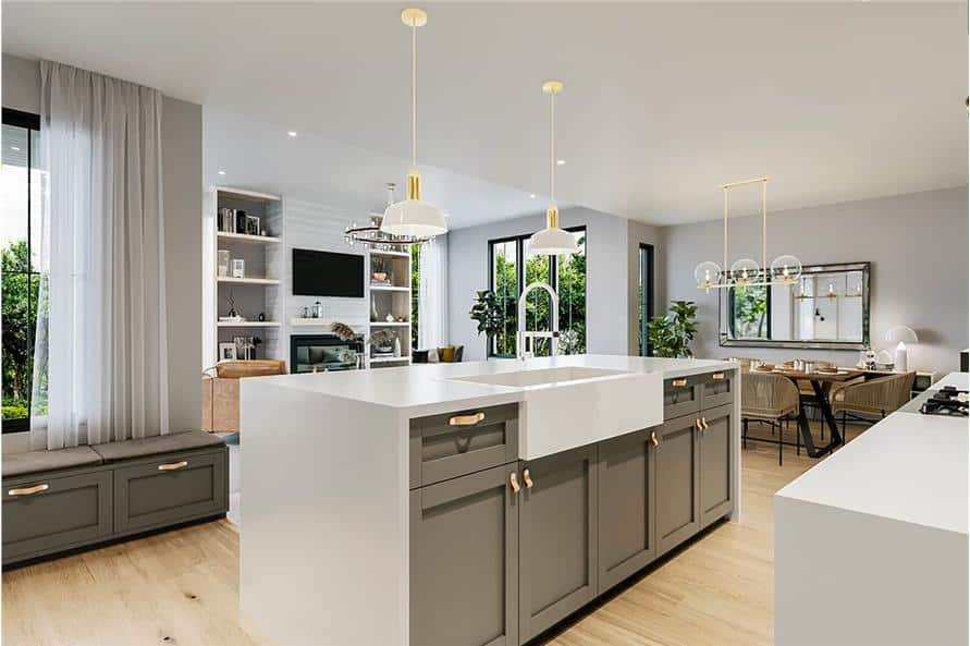 The kitchen features a large center island fitted with a farmhouse sink.
