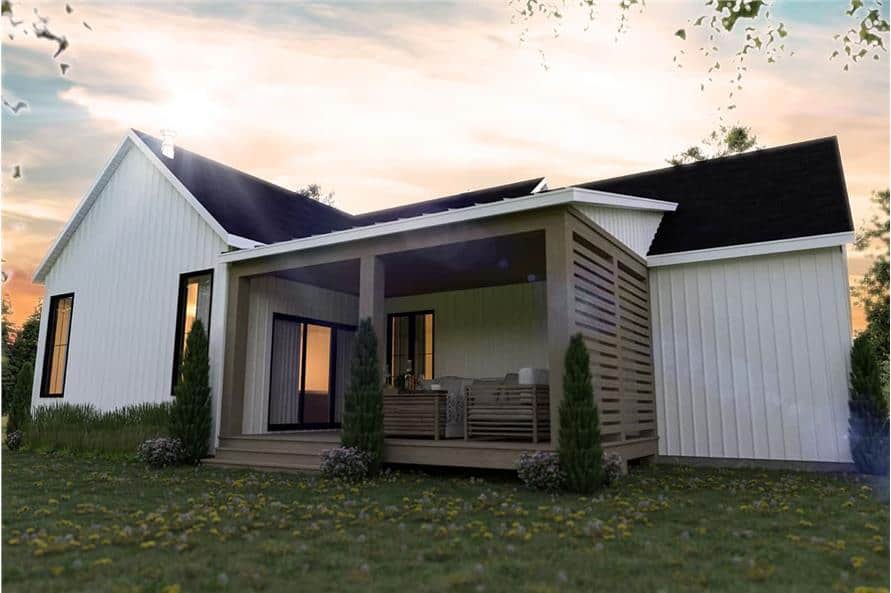 Rear exterior view with a covered porch furnished with comfy wicker seats.