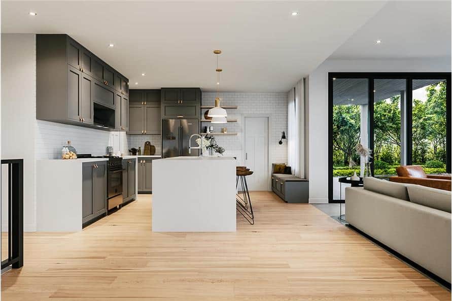 Recessed ceiling lights and white dome pendants illuminate the kitchen.
