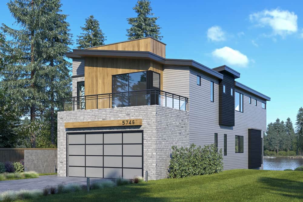 Right exterior view with dark siding accents and plenty of sleek windows.