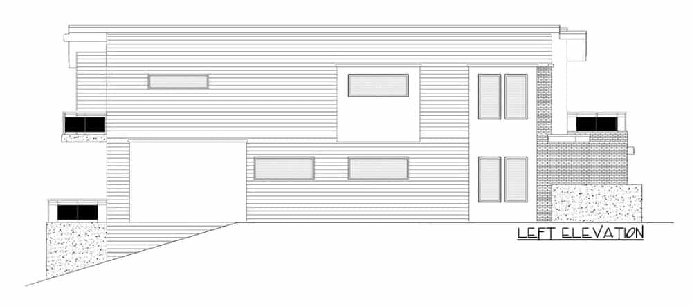 Left elevation sketch of the two-story contemporary 3-bedroom home.
