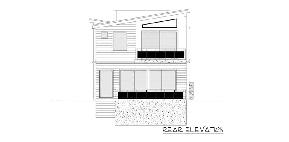 Rear elevation sketch of the two-story contemporary 3-bedroom home.