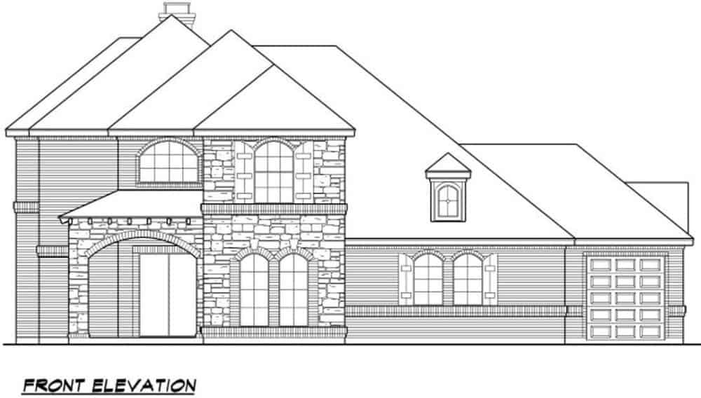 Front elevation sketch of the 3-bedroom two-story chateau home.