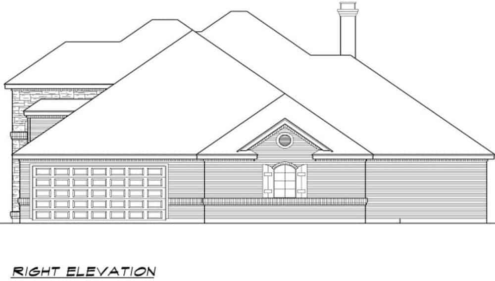 Right elevation sketch of the 3-bedroom two-story chateau home.
