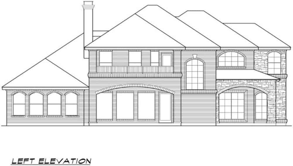 Left elevation sketch of the 3-bedroom two-story chateau home.