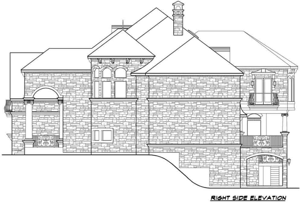 Right elevation sketch of the 5-bedroom two-story neoclassical home.