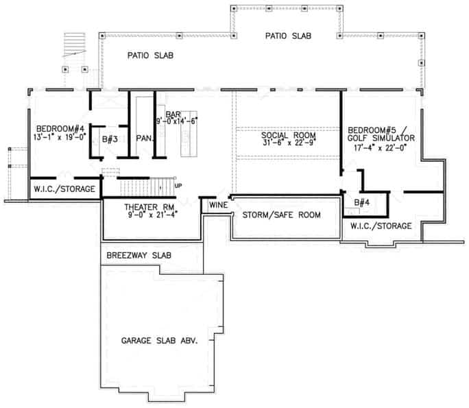 Lower level floor plan with two more bedrooms, theater room, and a social room with a wet bar.