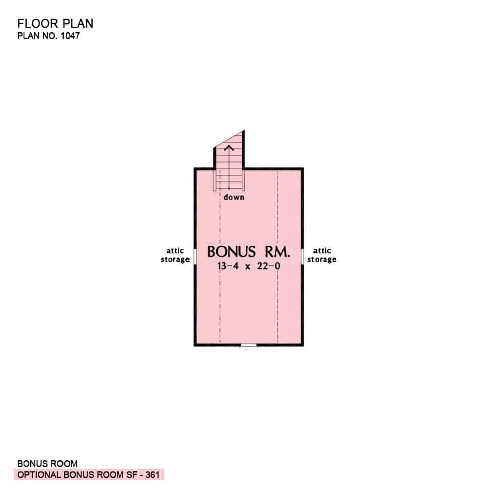 Bonus room floor plan with attic storage and a staircase leading down the main floor.