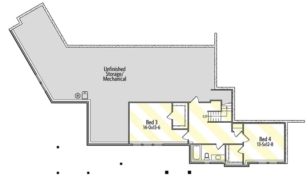 Lower level floor plan with two additional bedrooms sharing a full bath.