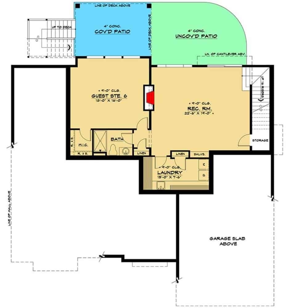 Lower level floor plan with a guest suite, second laundry room, and a recreation room with patio access.