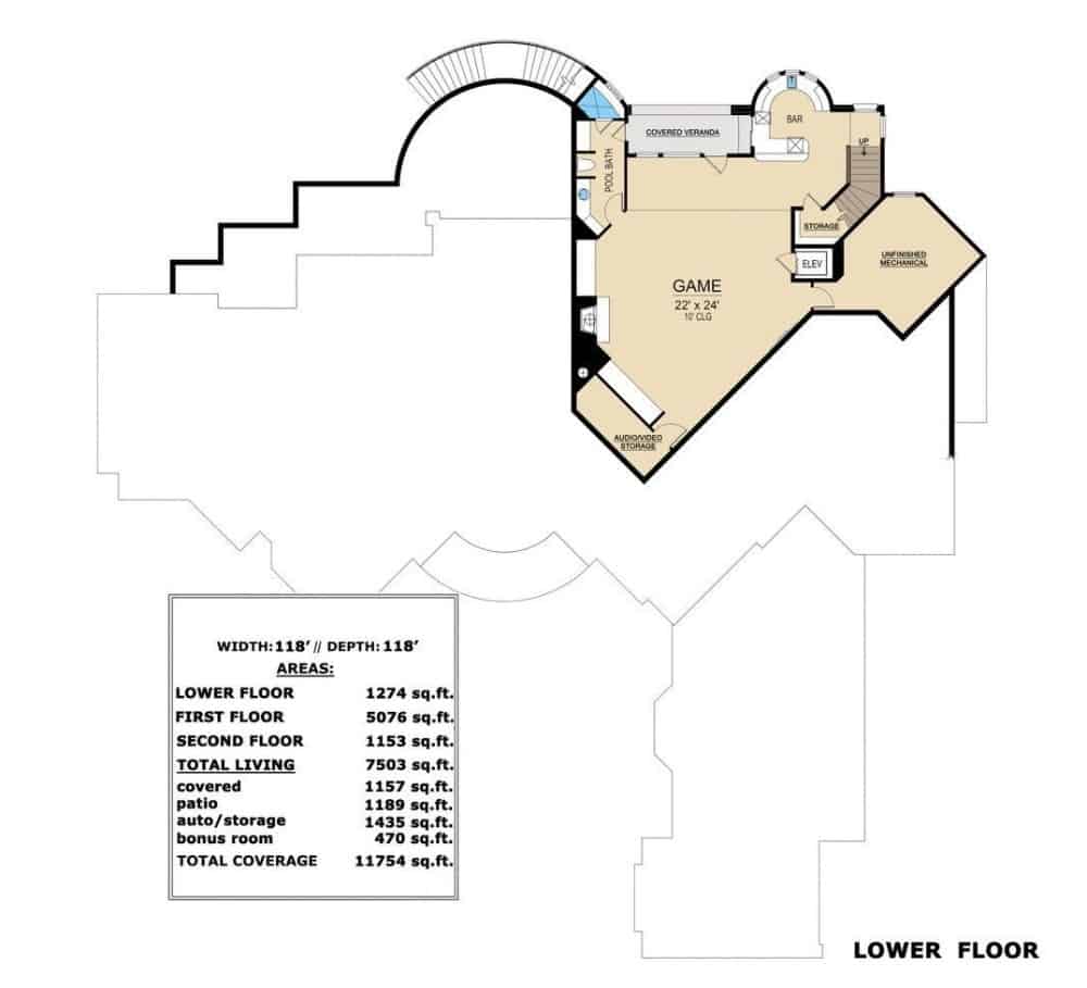Lower level floor plan with an enormous game room complete with a wet bar, audio/video storage, and a pool bath.