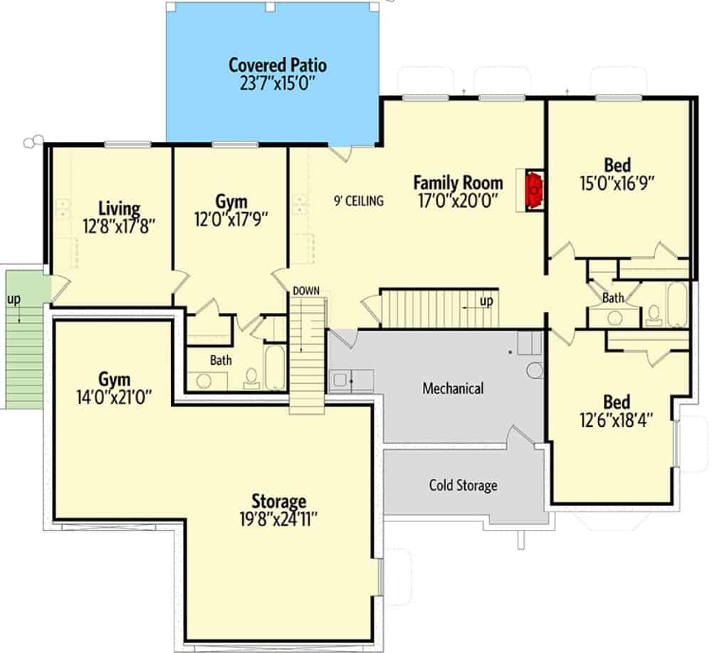 Lower level floor plan with two bedrooms, gum, living room, and family room that opens to the rear patio.