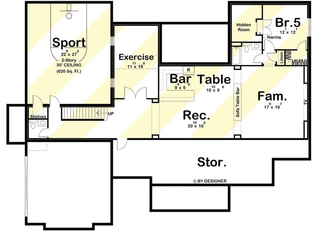 Lower level floor plan with another bedroom, a family room, exercise room, sports court, and a recreation room with a wet bar.