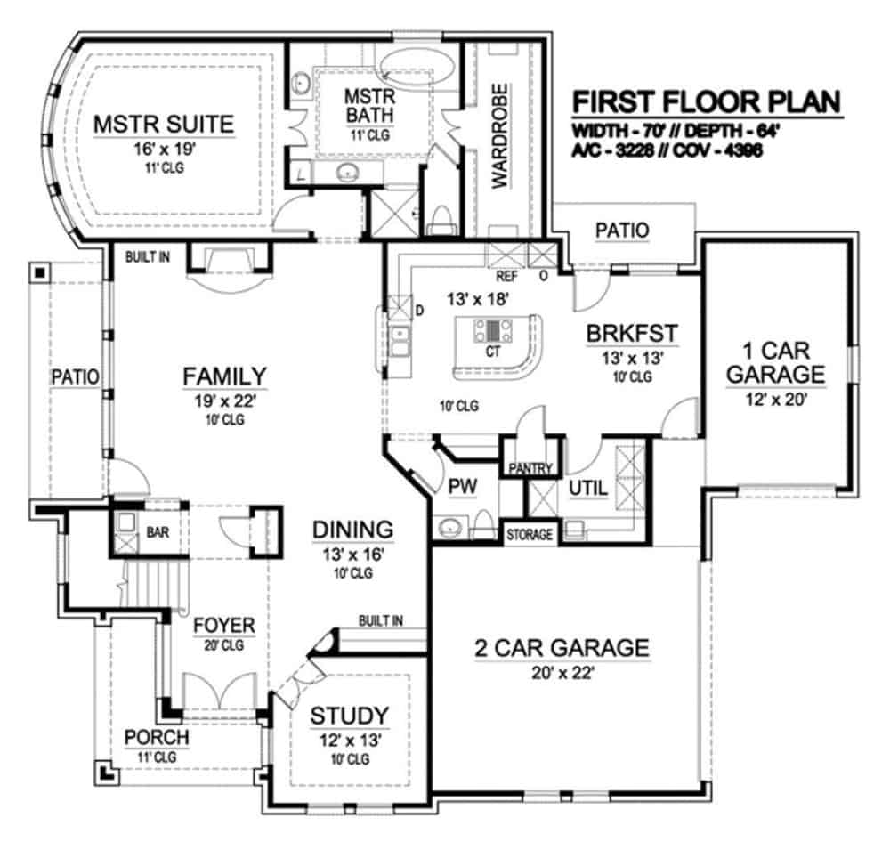 Main level floor plan of a 3-bedroom two-story chateau home with foyer, dining room, family room, kitchen, breakfast nook, study, primary suite, and utility room.