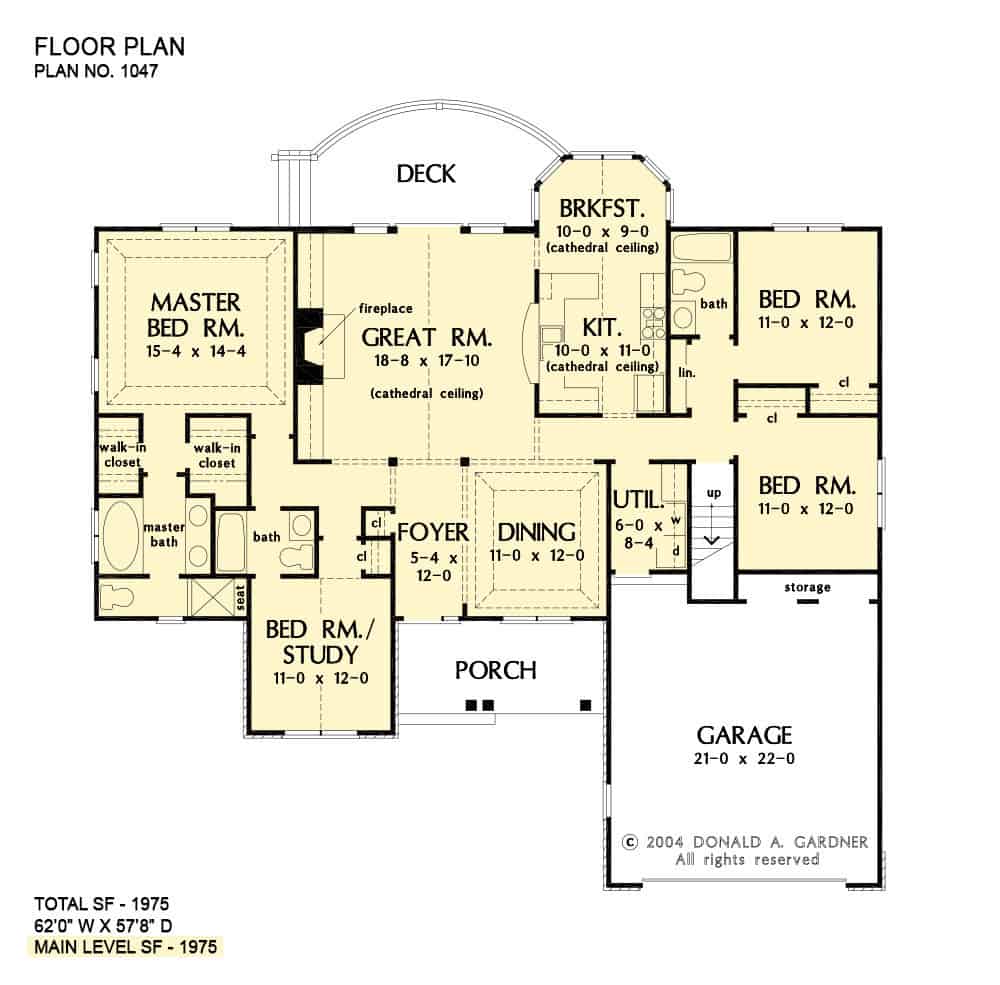 Main level floor plan of a 4-bedroom craftsman-style single-story The Fieldstone ranch with foyer, great room, kitchen, breakfast nook, formal dining room, and utility leading to the garage.