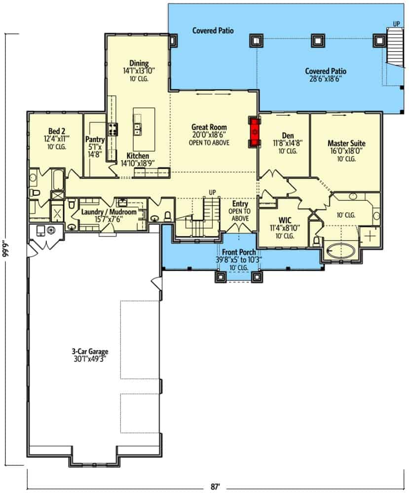 Main level floor plan of a 6-bedroom two-story New American home with great room, kitchen, dining area, two bedrooms, den, laundry leading to the garage, and plenty of outdoor space.