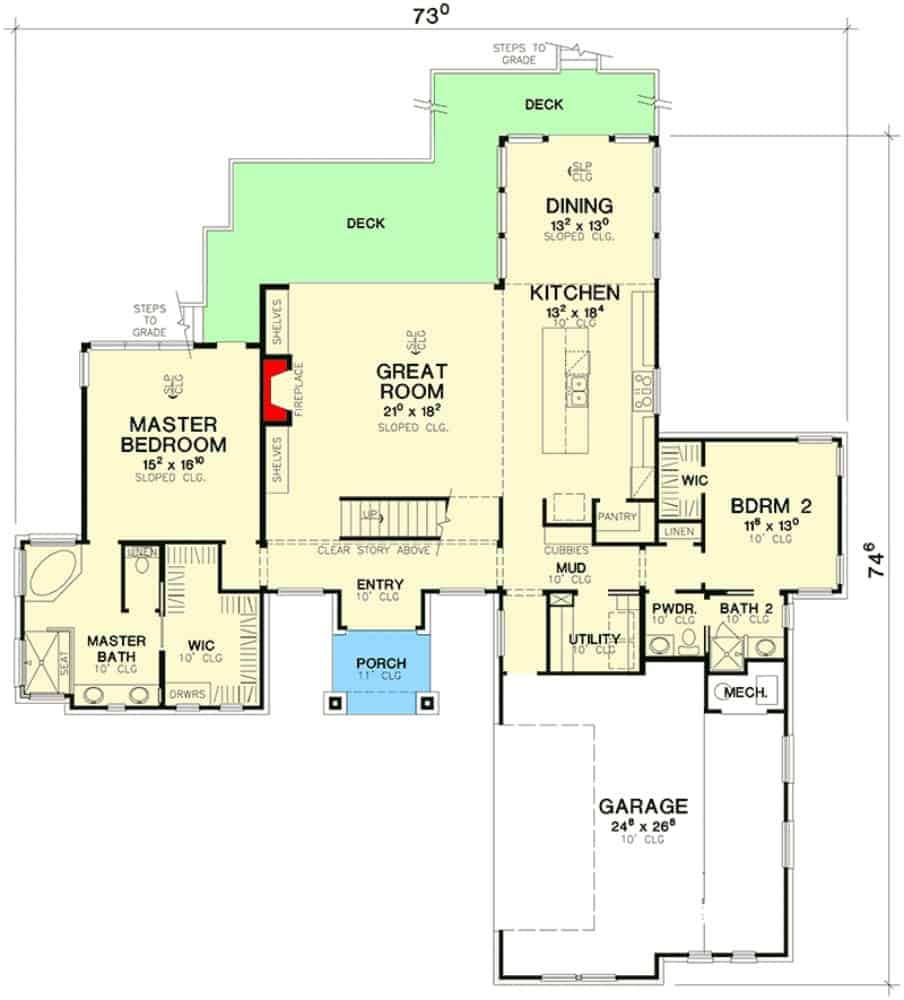 Main level floor plan of a modern 3-bedroom two-story home with foyer, great room, kitchen, dining area, utility, and two bedrooms including the primary bedroom.