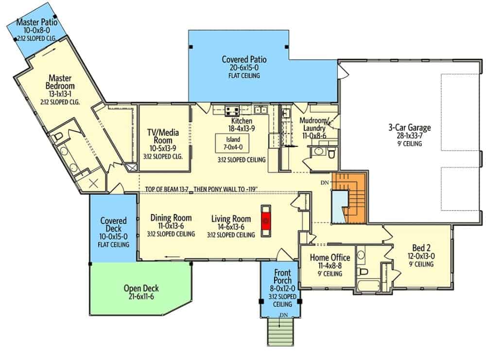 Main level floor plan of a modern single-story 4-bedroom mountain home with living room, dining area, kitchen, media room, home office, two bedrooms, and lots of outdoor space.