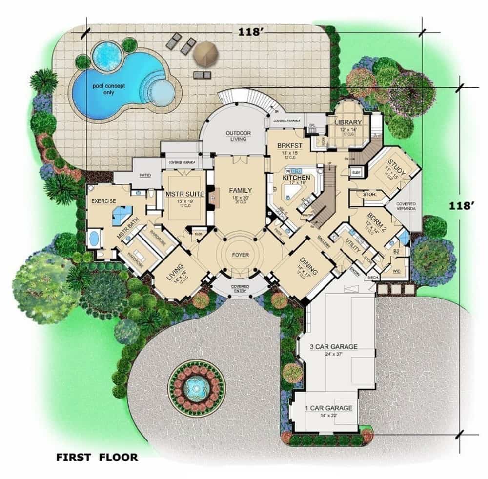 Main level floor plan of a 4-bedroom Italianate two-story luxury home with foyer, living room, formal dining room, family room, kitchen, breakfast nook, library, study, two bedrooms, and lots of outdoor space.
