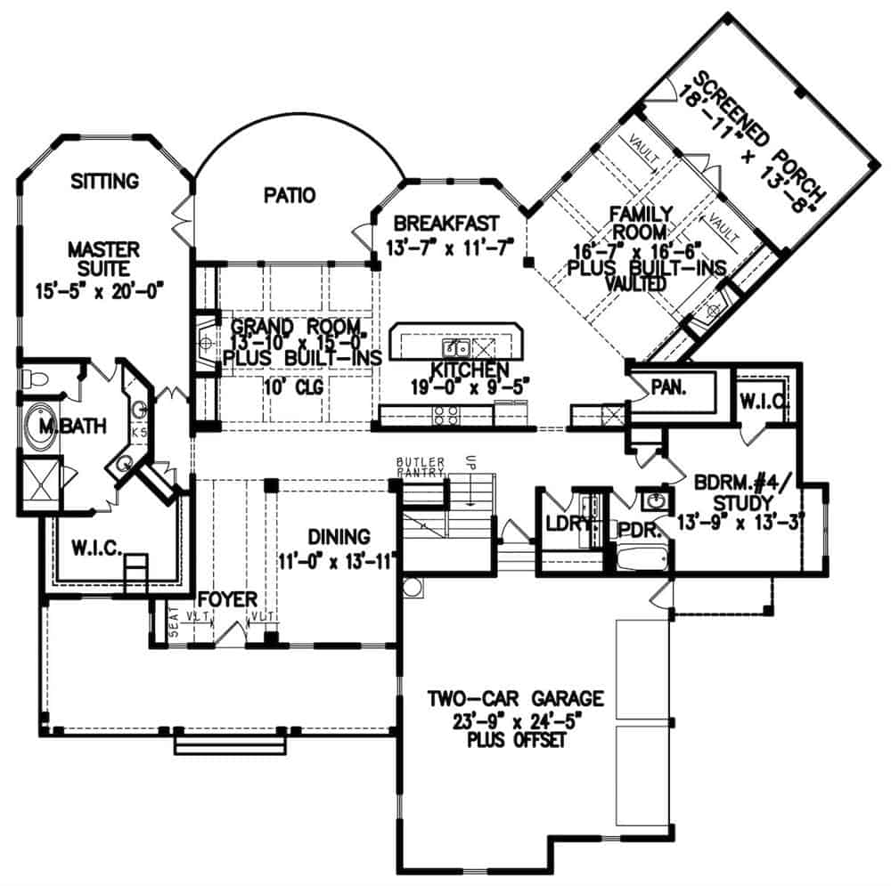 Main level floor plan of a two-story 4-bedroom country style cottage with foyer, formal dining room, grand room, kitchen, breakfast nook, family room, and two bedrooms including the primary suite and the flexible study.
