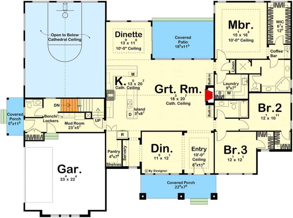 Main level floor plan of a two-story 5-bedroom New American home with foyer, formal dining room, great room, kitchen, dinette, laundry room, three bedrooms, and a mudroom leading to the garage.