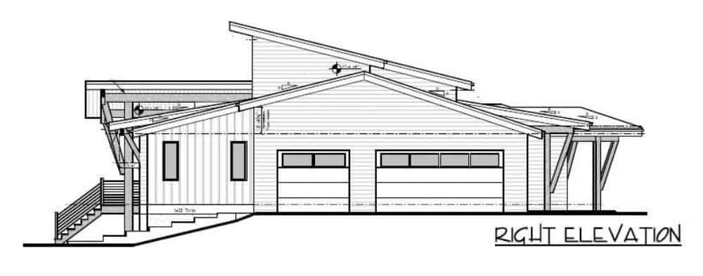 Right elevation sketch of the modern single-story 4-bedroom mountain home.