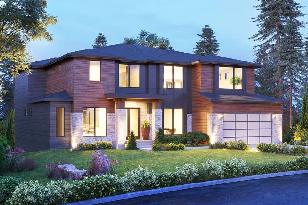 Front-left rendering showing the sleek covered porch with a stoop lined with stone columns.