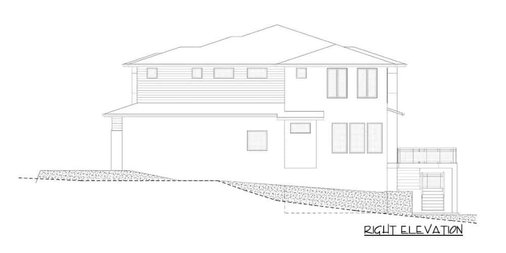Right elevation sketch of the modern two-story 7-bedroom Northwest home.