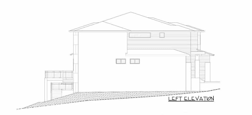 Left elevation sketch of the modern two-story 7-bedroom Northwest home.