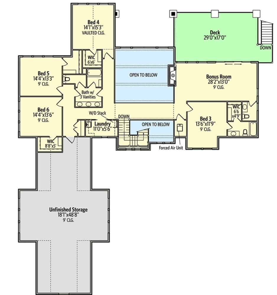 Second level floor plan with four bedrooms, a second laundry room, and a bonus room that extends onto a spacious deck.