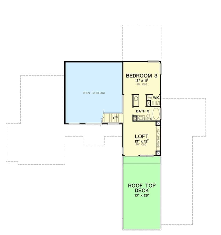 Second level floor plan with a bedroom, a full bath, and a loft leading to the rooftop deck.